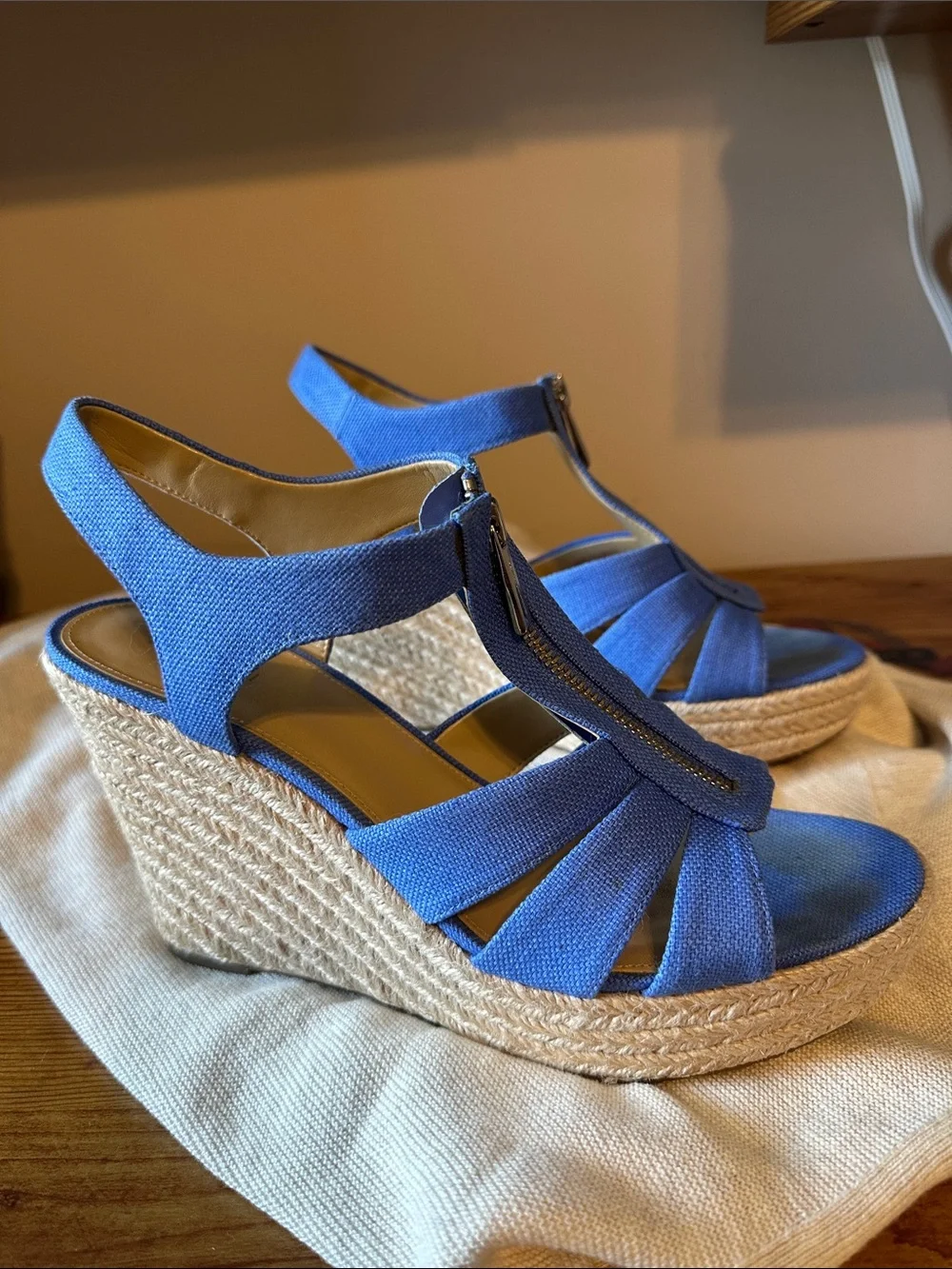 Michael Kors Blue Espadrille Wedge Sandals with Front Zip